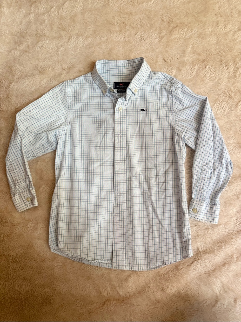 Vineyard Vines Men's White Button-Down Shirt with Blue Grid